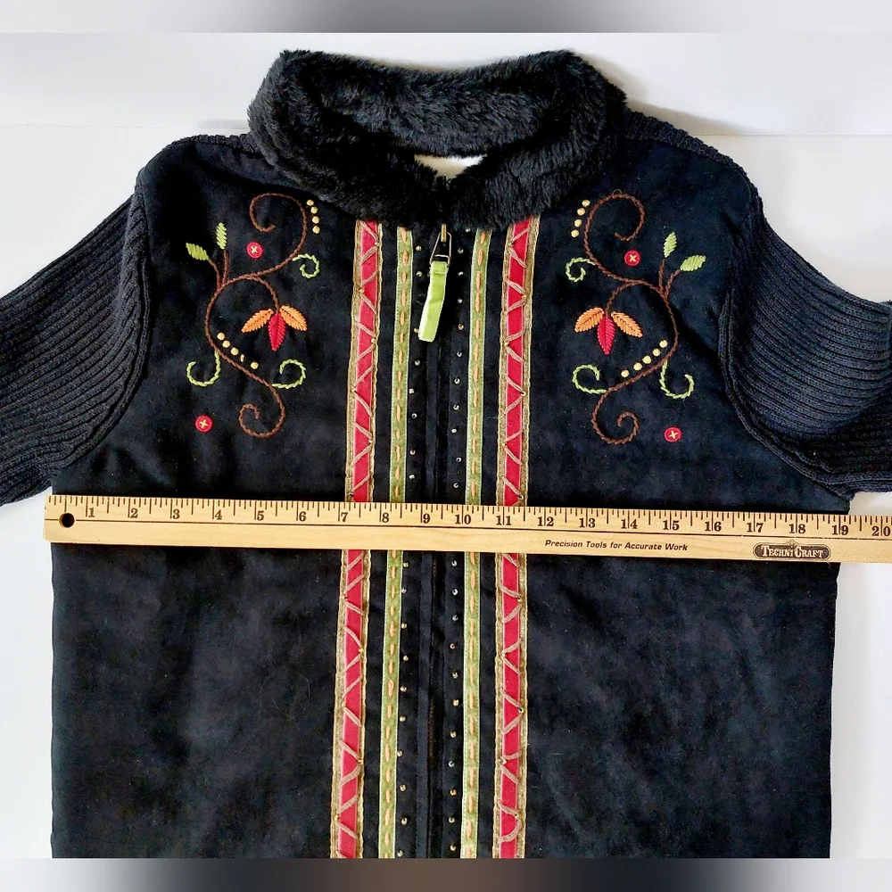 Autumn Vine Leaf Faux Suede Sweater Zip Jacket Petite Medium Breckenridge‎